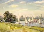 Llewellyn Petley-Jones, "Regatta on the Thames at Kingston", watercolour, 10.5x15in.